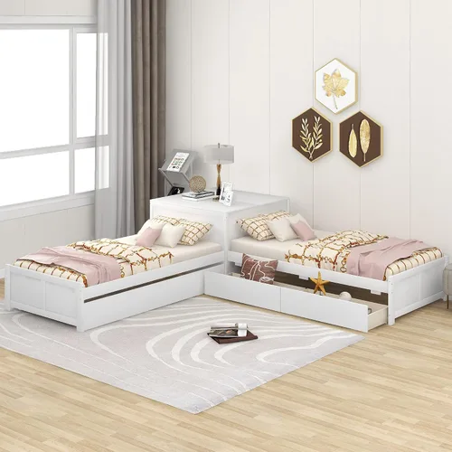 Vista 4 de Moderna cama de plataforma en forma de L con nido y cajones, cama de plataforma de madera de tamaño individual con mesa cuadrada abatible White#w