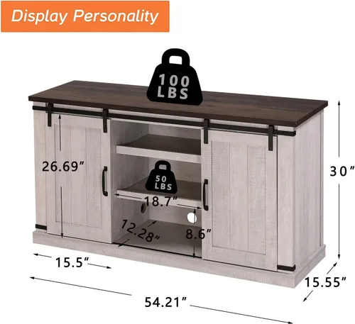Vista 2 de Soporte de TV de madera moderno de granja blanco y gris para TV de 65 pulgadas, consola de TV rústica, mesa central de entretenimiento multimedia
