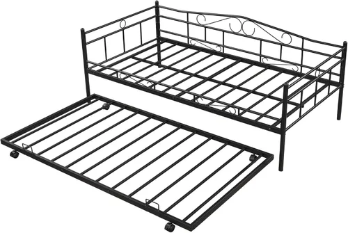Vista 6 de Sofá cama de marco metálico de tamaño individual con ruedas extraíbles, soporte de sofá cama de listones de acero resistente para invitados, sofá