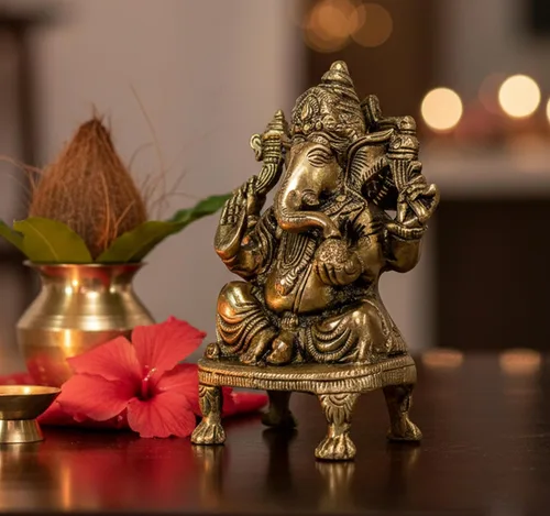 Vista 2 de eSplanade Ganesha de latón de 8 pulgadas en acabado antiguo Pooja Puja Ganesh Ganesha Ganpati Ganapati Murti Idol (5.75 pulgadas)