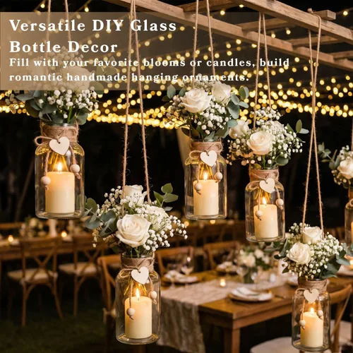 Vista 6 de Paquete de 12 jarrones Mason para centros de mesa, florero de cristal transparente para ramo, tarros decorativos rústicos de granja para decoración
