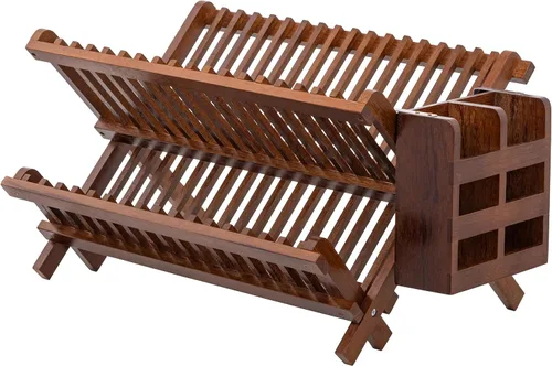 Vista 9 de HBlife Escurreplatos de Bambú, Plegable de 2 Niveles, Collapsible, con Soporte para Utensilios de Cocina