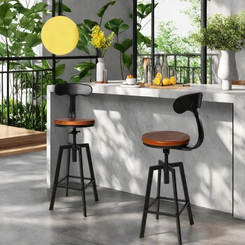 Vista 2 de Juego de 2 taburetes de bar industriales con respaldo, asiento giratorio de madera, altura ajustable, 25-32 pulgadas, taburete de isla de cocina