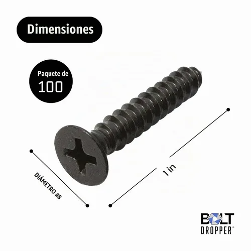 Vista 3 de Bolt Dropper Tornillos para madera #8 x 1 pulgada, paquete de 100 – Tornillo Phillips de cabeza plana de acero inoxidable recubierto de xylan negro