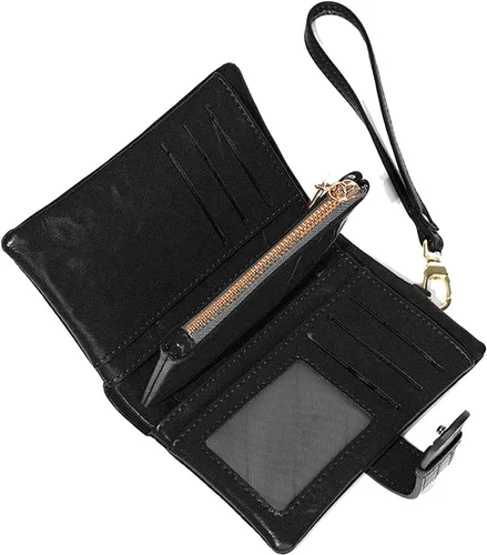 Vista 2 de Carteras pequeñas de cuero Rfid para mujer, billeteras dobladas medianas para mujer, cartera compacta y triple plegable con correa para la muñeca