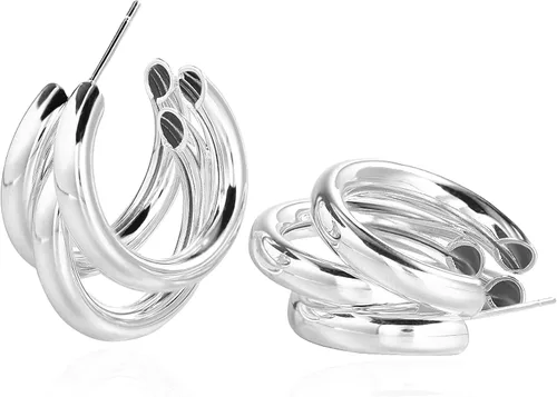 Vista 21 de Aretes de aro gruesos de oro para mujer, chapados en oro de 14 quilates, aretes de aro triple, hipoalergénicos, a la moda, aretes de aro gruesos