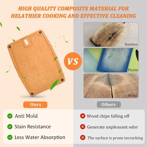 Vista 5 de Juego de 2 tablas de cortar para cocina, aptas para lavavajillas, ecológicas, tabla de cortar reversible con asas y ranuras para jugos, tabla