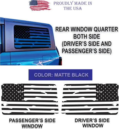 Vista 2 de Compatible con Ford Bronco (4 puertas) 2021-2023 Calcomanías precortadas para ventana de la bandera estadounidense ambos lados Fabricado