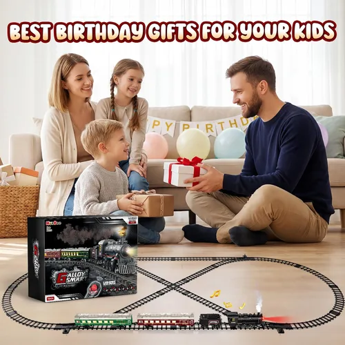 Vista 2 de Hot Bee Juego de Tren, Juguetes de Tren con Control Remoto y Pista de Lujo y Vagoneta Iluminada, Tren de Navidad de Metal para Árbol de Navidad