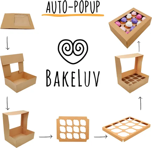 Vista 4 de BAKELUV 12 cajas de magdalenas marrones, recipientes para cupcakes 13x9.5x4, paquete de 50