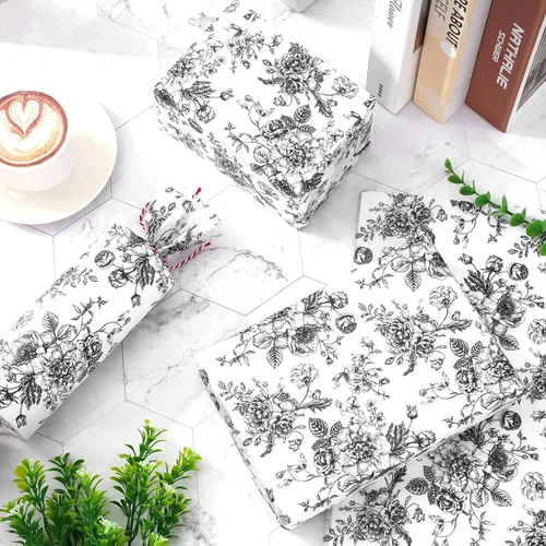 Vista 6 de JarThenaAMCS 100 hojas de papel de seda floral negro chinoiserie, papel de regalo de flores vintage, papel decorativo para manualidades, cumpleaños