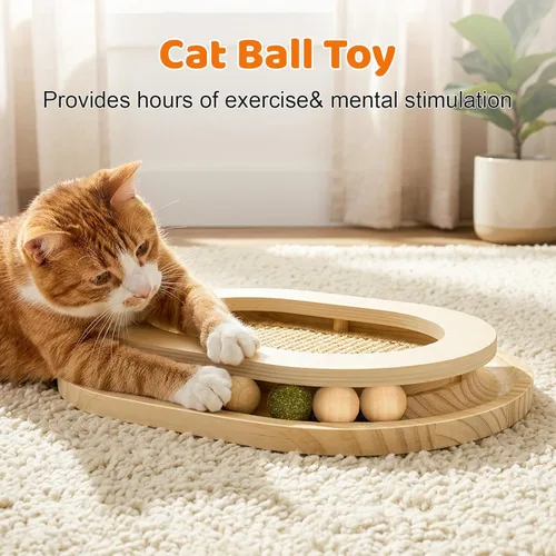 Vista 4 de Rascador para gatos, almohadilla rascador de sisal natural y juguete interactivo para gatitos con pista de bolas y bola de hierba gatera
