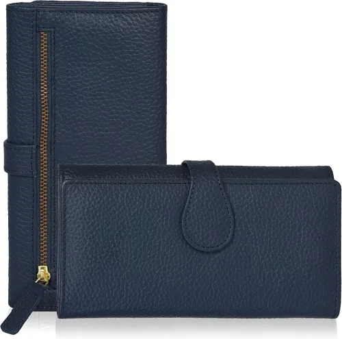 Vista 24 de Cartera de cuero genuino para mujer de cuero con bloqueo RFID - Tarjetero triple de diseñador para damas tipo clutch con ventana de identificación