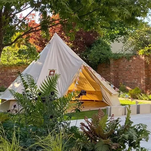Vista 2 de Tienda de campaña de lona de algodón impermeable para 4 estaciones, tienda de campaña grande glamping, tipi yurta con estufa de techo, agujero