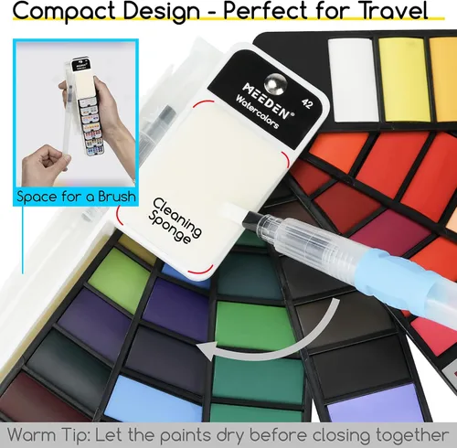 Vista 4 de MEEDEN Juego de pintura de acuarela de viaje: kit de pintura portátil de 42 colores de agua surtidos con 4 pinceles