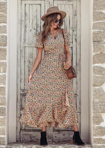 Vista 6 de PRETTYGARDEN - Vestido largo de verano cruzado para mujer, con cuello en V, estilo bohemio, floral, manga corta, dobladillo con volantes