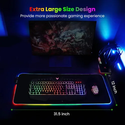 Vista 6 de Alfombrilla de mouse RGB extra grande para juegos, 14 modos de luz, alfombrilla de mouse LED suave extendida, base de goma antideslizante
