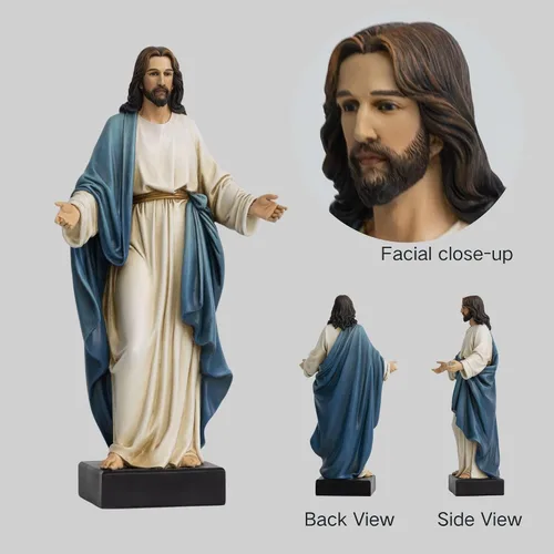 Vista 3 de Estatua de Jesús de 12 pulgadas con brazos abiertos, figura de Jesucristo pintada a mano en túnica azul, escultura religiosa de resina realista