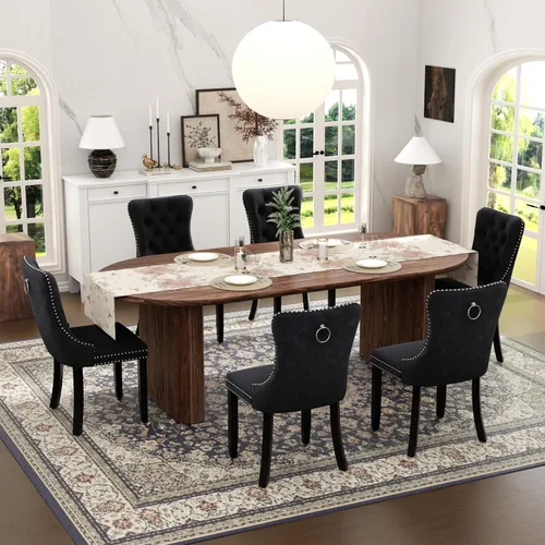 Vista 39 de Juego de mesa de comedor ovalada extensible con 4 sillas tapizadas de terciopelo de alta gama, mesa de cocina de 59 a 91 pulgadas y sillas