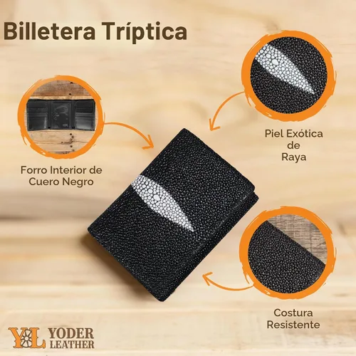 Vista 2 de Cartera hecha a mano de cuero de 9 tarjetas de piel auténtica de Stingray, Negro