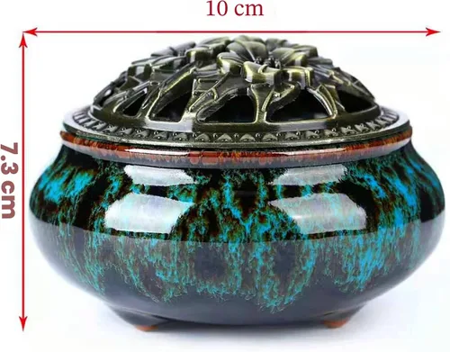 Vista 6 de Censer - Quemador de incienso azul cielo con soporte para varillas de incienso de calabaza - Incensario de porcelana para carbón para uso con resina