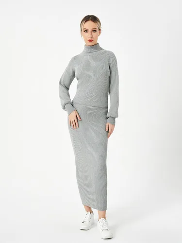 Vista 2 de Scacto Conjunto de dos piezas para mujer, suéter de cuello alto, sin botones, falda larga