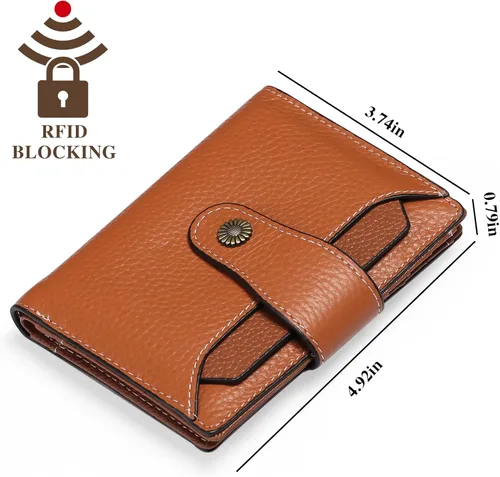 Vista 3 de FALAN MULE Cartera pequeña para mujer, de piel auténtica, plegable, compacta, con bloqueo RFID, pequeña cartera para mujer, ZAO-Caramelo, Compacto