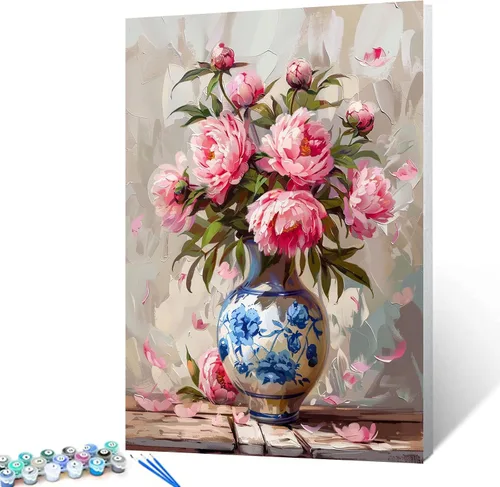 Vista 8 de Pintura de bricolaje por números Flores rosadas - Kit de pintura para adultos estilo vintage sobre lienzo