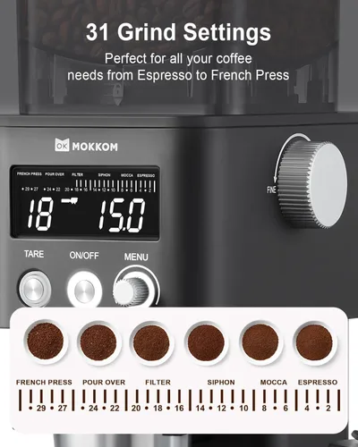 Vista 4 de MOKKOM Molinillo de café con báscula de café extraíble a través de conectividad Bluetooth, molinillo de granos de café cónico antiestático, 31