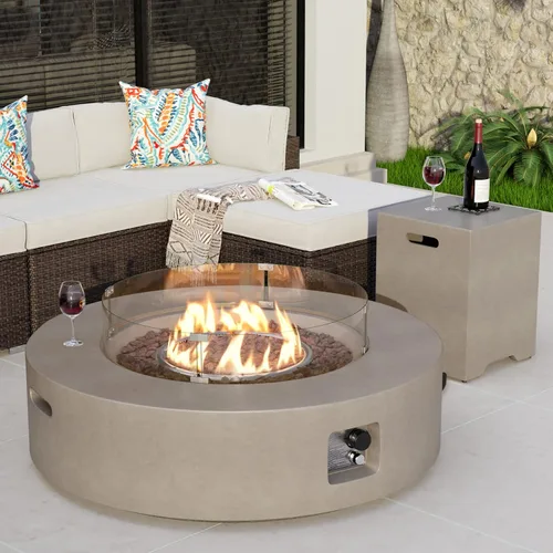 Vista 19 de COSIEST mesa de fogata a propano para exteriores de 35 pulgadas cuadrada de arenisca con protector contra el viento y mesa lateral, certificada