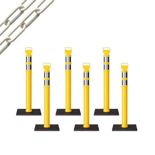 Vista 54 de CCW 6-Pack 45" Delineador Post Kit Kit de 3.0 in collares reflectantes, base de goma de 10 lb (6 postes blancos con cadena negra de 50 pies)
