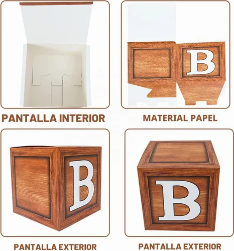 Vista 2 de Cajas de baby shower para decoraciones de cumpleaños – 4 cajas de globos de bebé de grano de madera marrón, cajas de bebé para decoración de centro