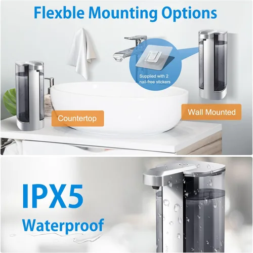 Vista 6 de Dispensador automático de jabón líquido, recargable, sin contacto, 17oz/500ml con 4 niveles de jabón ajustables, montaje en pared e impermeable
