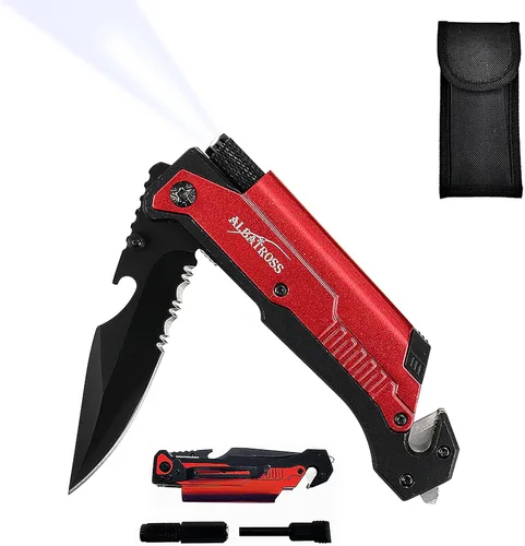 Vista 12 de Cuchillo táctico de supervivencia 7 en 1 - Rompe cristales, cortador de cinturón, hoja de acero serrada, encendedor, linterna LED, abridor