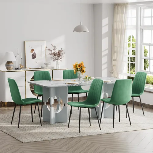 Vista 19 de Moderno juego de mesa rectangular para 4, mesa grande de mármol sintético gris de 71 pulgadas con base de metal con marco hueco, y 4 sillas
