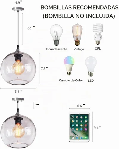 Vista 6 de Iluminación colgante para isla de cocina, luces colgantes de vidrio rústico moderno, globo transparente, luces de burbujas de semillas Clear 2-PACK