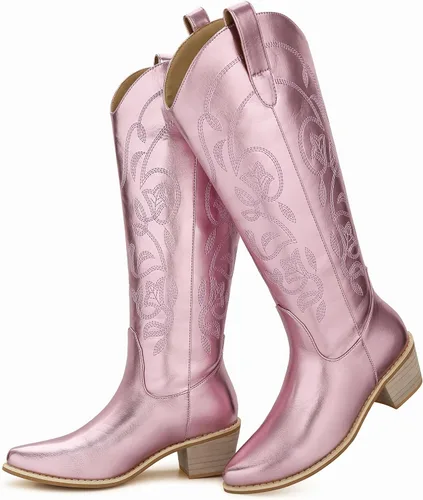 Vista 4 de SHIBEVER Botas vaqueras vaqueras para mujer Botas hasta la rodilla para mujer, botas occidentales bordadas con tacón grueso y ancho de pantorrilla