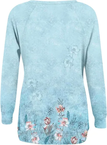 Vista 4 de JJHAEVDY Ropa de otoño para mujer 2023 sudadera de manga larga con estampado de cuello redondo elegante suéter cómodo con bolsillo
