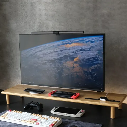 Vista 7 de Bandeja de tocador de bambú y estante de bambú para monitor doble