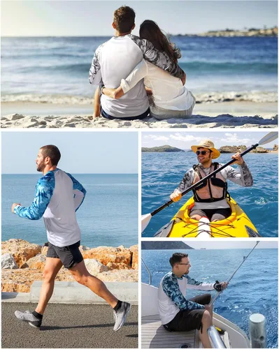 Vista 5 de Camiseta de pesca con capucha para hombre, con protección UPF 50+, de manga larga, con agujeros para los pulgares, con máscara facial de malla