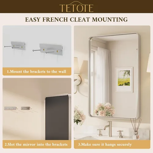 Vista 48 de TETOTE Espejo de marco dorado cepillado de 16 x 24 pulgadas, espejo de tocador de baño de latón dorado para pared, espejo enmarcado rectangular