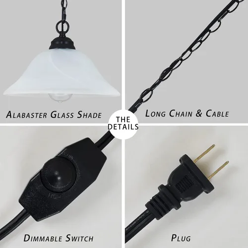Vista 5 de Lámpara colgante enchufable con pantalla de vidrio de alabastro de 15.7" de diámetro, lámpara colgante con interruptor de encendido/apagado, cable