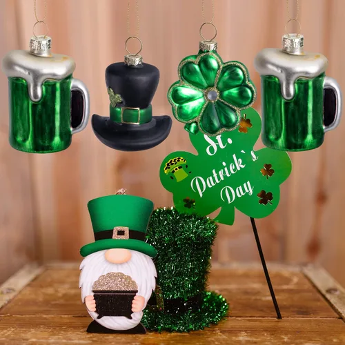 Vista 4 de 9 adornos de cristal para el día de San Patricio, Irlanda verde con sombrero de trébol de San Patricio, adornos colgantes de cerveza, adornos