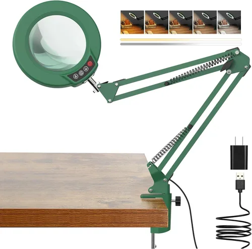 Vista 8 de Coyeth lupa de 10 aumentos con luz y abrazadera, lupa iluminada con soporte de vidrio real, lámpara de escritorio LED regulable sin escalones con 5