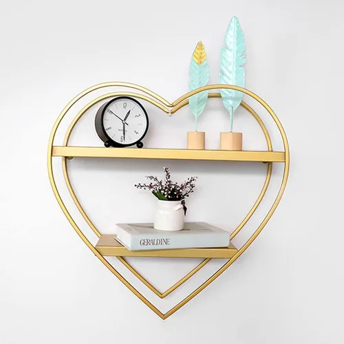 Vista 5 de Estantes de pared flotantes en forma de corazón de metal de 2 niveles para dormitorio (oro, 19.7 x 5.9 x 20.1 in)