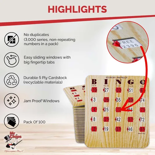 Vista 3 de MR CHIPS 100 tarjetas de bingo de diapositivas económicas más jaula de bingo dorada de lujo con bolas de bingo eternas y tablero maestro