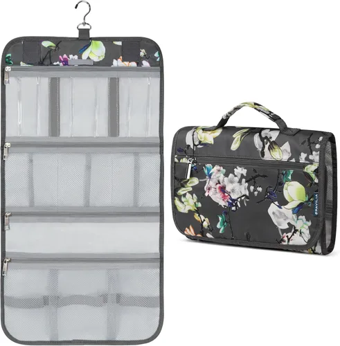 Vista 9 de PAVILIA - Neceser colgante para mujer y hombre, kit de viaje plegable organizador de artículos de tocador, bolsa de cosméticos enrollable, estuche