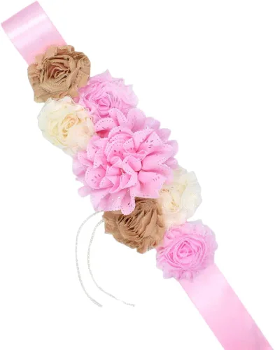 Vista 6 de Vestido de maternidad de manga larga con hombros descubiertos para fotografía baby shower con cinturón de banda de flores para sesión de fotos