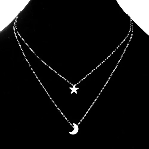 Vista 2 de Simple - Collar de doble capa para mujer, collar con colgante de estrella y luna, gargantilla de cadena de cuello de plata dorada para adolescentes