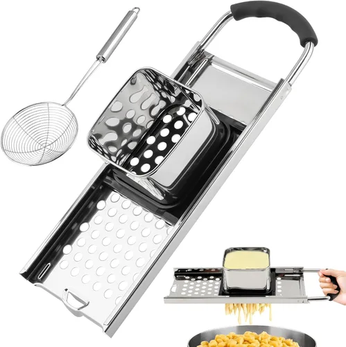 Vista 2 de Spaetzle Maker de acero inoxidable con mango de agarre cómodo y espumadera, juego de herramientas para hacer albóndigas de huevo alemán casero